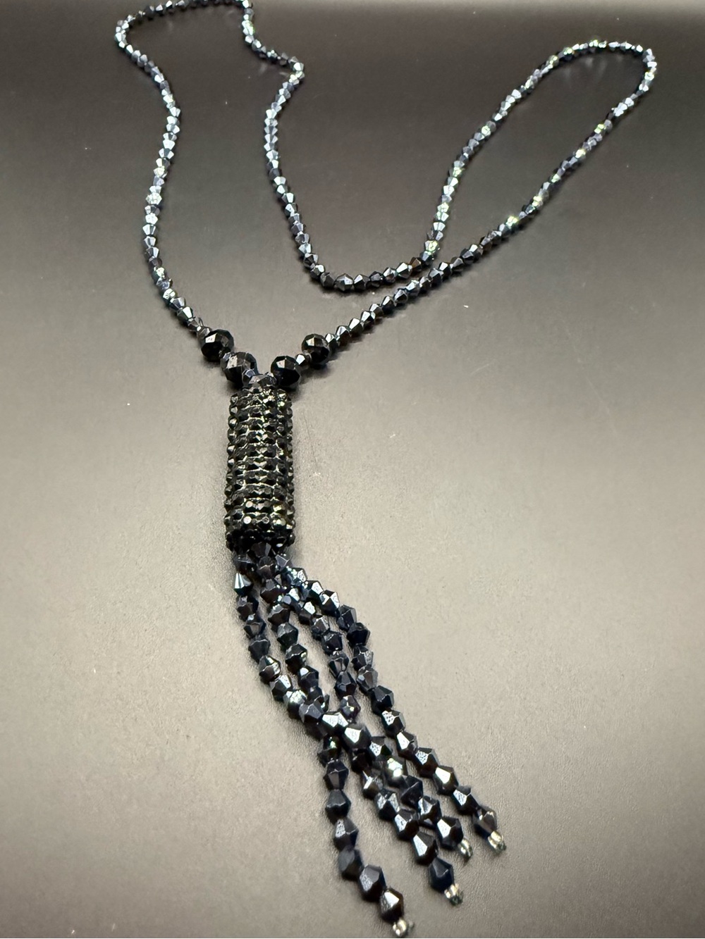 Blue and Black Iridescent Crystal Beaded Tassel Necklace Party Goth